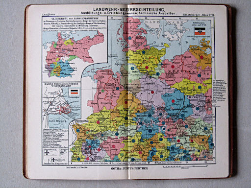 Perthes' Staatsbürger-Atlas (1904)
21. Landwehr-Bezirkseinteilung, Ausbildungs- u. Erziehungswesen, technische Anstalten (Nordwesten)