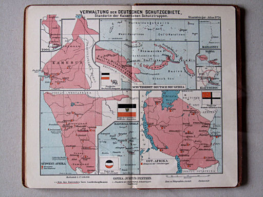 Perthes' Staatsbürger-Atlas (1904)
24. Verwaltung der Deutschen Schutzgebiete, Standorte der Kaiserlichen Schutztruppen