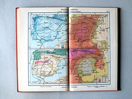 Perthes Atlas portátil de Espanha e Portugal (1938)
3. Península Ibérica: Lluvias, Vegetación, Isotermas, Isobaras
