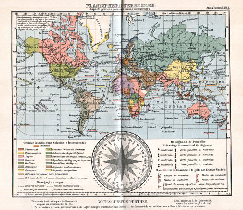 Atlas portatil de Justus Perthes (1911)
2. Planispherio terrestre. Aspecto politico e principaes linhas commerciaes