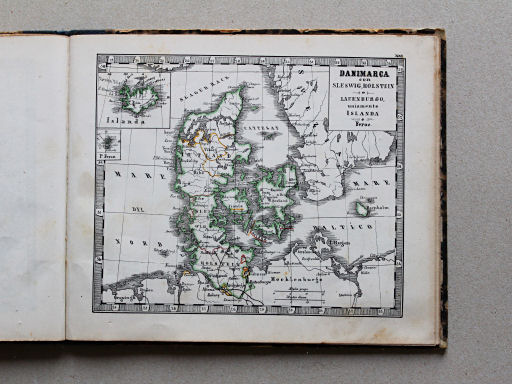 Veladini, Atlante tascabile scolastico, 1855
21. Danimarca con Sleswig, Holstein e Lauenburgo, uniamente Islanda e Feroe