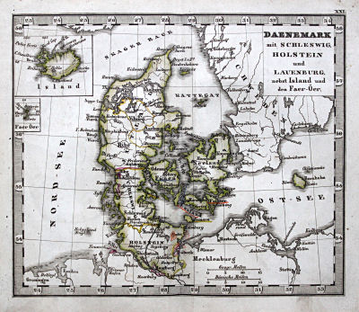 Perthes' Taschen-Atlas über alle Theile der Erde (1845)
21. Daenemark mit Schleswig, Holstein und Lauenburg nebst Island und den Faer-Öer
