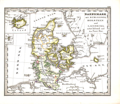 Perthes' Taschen-Atlas über alle Theile der Erde (1850)
21. Daenemark mit Schleswig, Holstein und Lauenburg nebst Island und den Faer-Öer