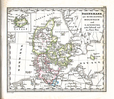 Perthes' Taschen-Atlas über alle Theile der Erde (1866)
21. Daenemark mit Schleswig, Holstein und Lauenburg nebst Island und den Faer-Öer