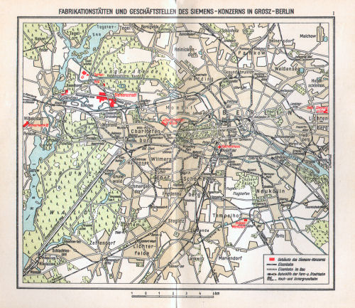 Taschenatlas der ganzen Welt
Siemens-Schuckertwerke (1928)
I. Fabrikationsstätten und Geschäftsstellen des Siemens-Konzerns in Grosz-Berlin