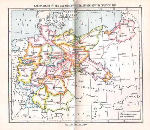 Taschenatlas der ganzen Welt
Siemens-Schuckertwerke (1928)
IV. Fabrikationsstätten und Geschäftsstellen der SSW in Deutschland