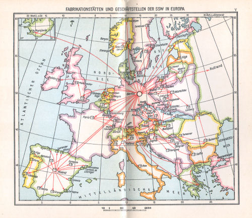 Taschenatlas der ganzen Welt
Siemens-Schuckertwerke (1928)
V. Fabrikationsstätten und Geschäftsstellen der SSW in Europa