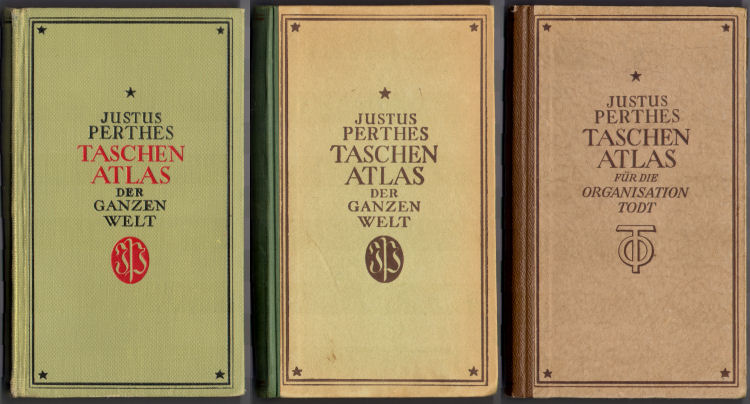 Perthes Taschenatlas der ganzen Welt
Voorkant banden 1940, 1943, speciale uitgave 1944