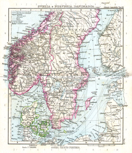 Perthes. Atlante tascabile (1891)
13. Svezia e Norvegia, Danimarca