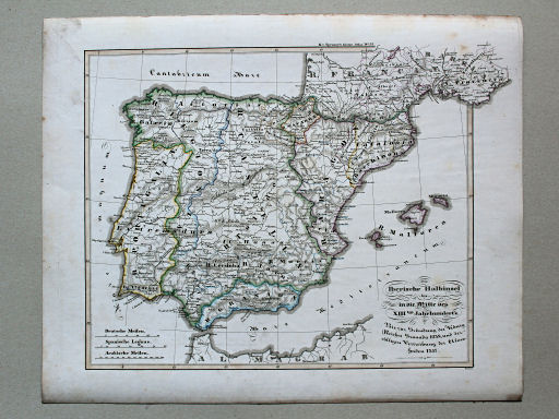 von Spruners Atlas zur Geschichte der Staaten Europas, 1846
37. Die Iberische Halbinsel bis in die Mitte des XIIIten Jahrhundert's. Bis zur Gründung des König-Reiches Granada 1238, und der völligen Vertreibung der Almohaden 1257