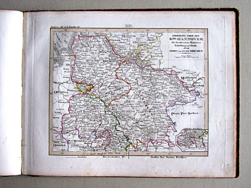 Kleiner Atlas der Deutschen Bundes-Staaten, 1838
12. Nordoestl. Theil des Kgrs. Hannover. Die Landdrosteien Hannover Lüneburg und Stade. Auch Gebiet der Stadt Bremen