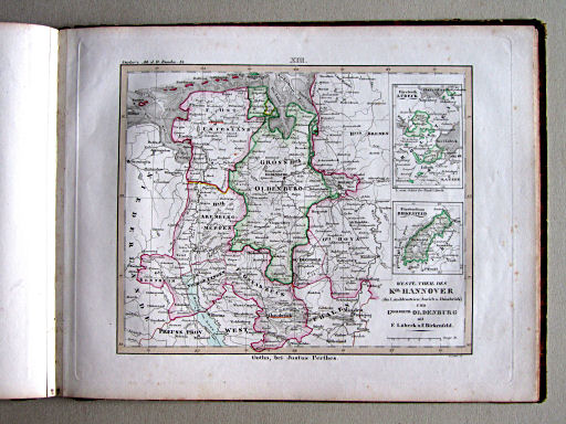Kleiner Atlas der Deutschen Bundes-Staaten, 1838
13. Westl. Theil des Kgr. Hannover (die Landdrosteien: Aurich u. Osnabrück) und Grosshzth. Oldenburg mit F. Lübeck u. F. Birkenfeld