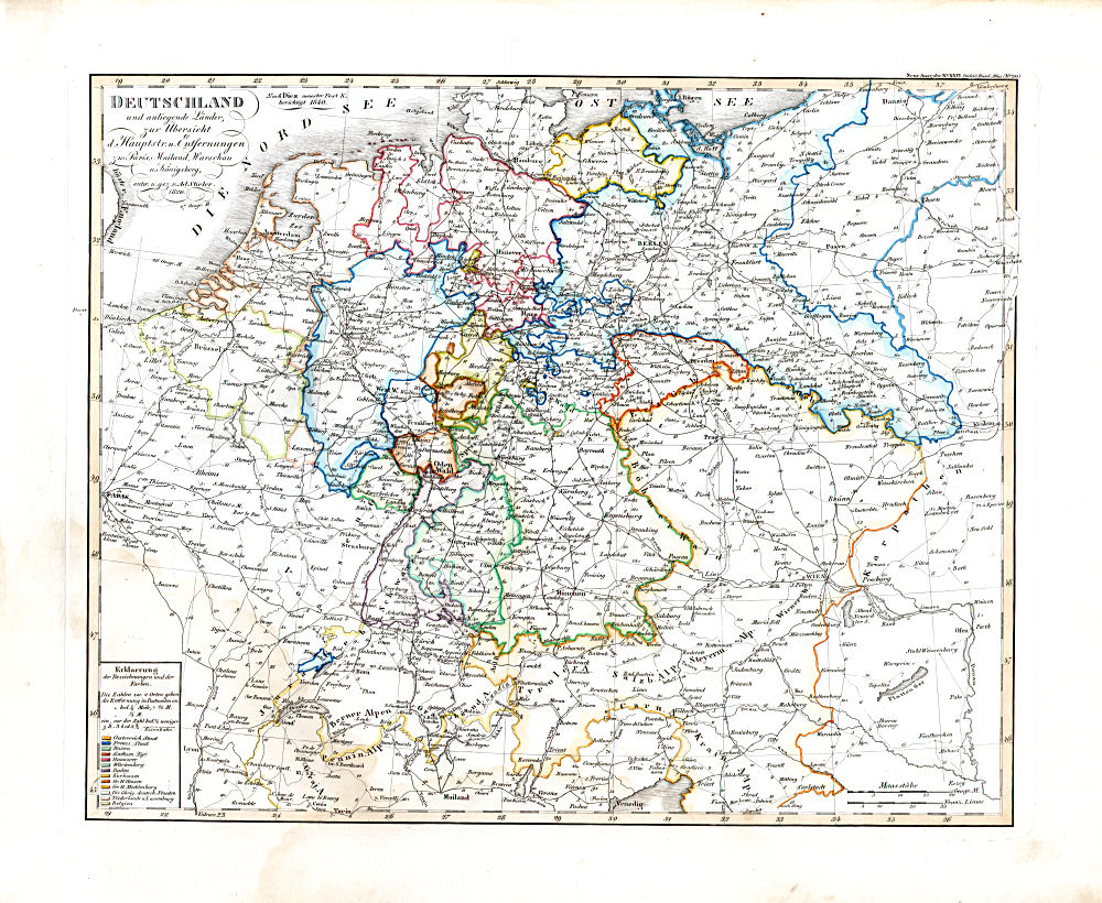 Stielers Hand-Atlas, 1842
20. Deutschland und anliegende Länder, zur Übersicht der Hauptstrassen und Entfernungen
Nach Diez neuester Post K. berichtigt 1840