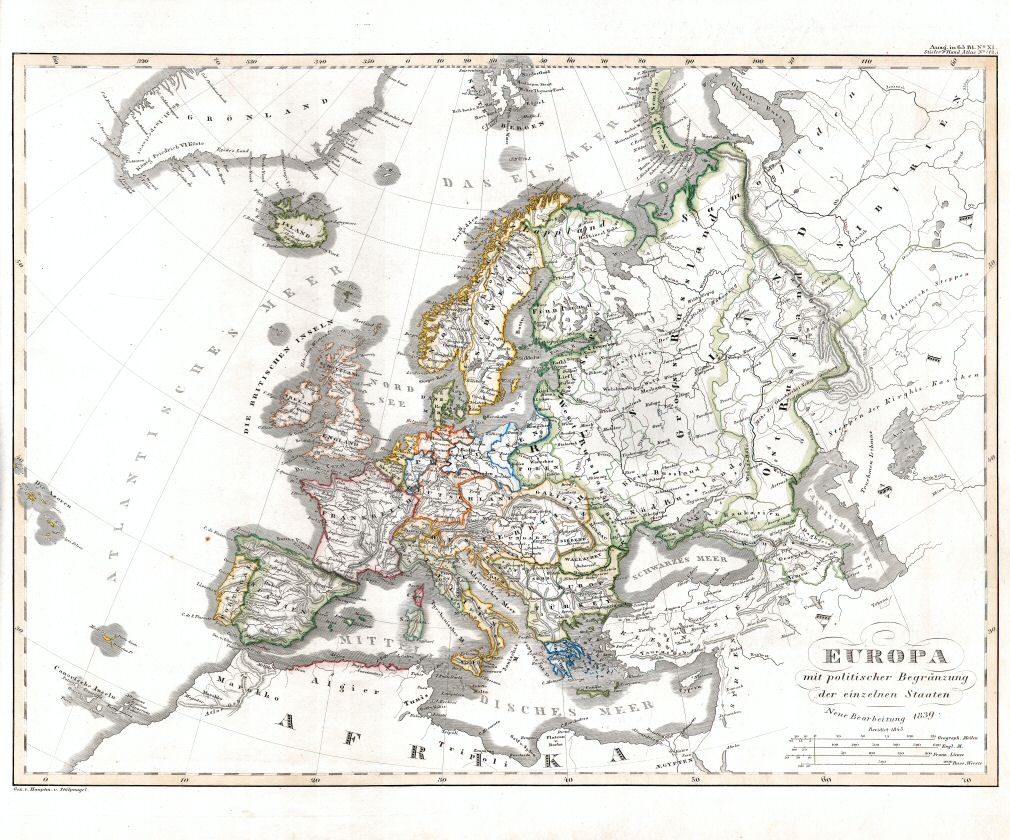 Stielers Hand-Atlas, 1847
12. Europa mit politischer Begränzung der einzelnen Staaten (1845)
Europa, staatkundig / Europe, political (scan)