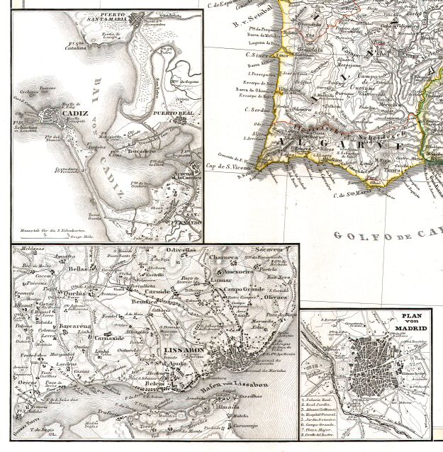 Stielers Hand-Atlas, 1847
13d. Cádiz, Lissabon, Madrid (Nebenkarten)
Cádiz, Lissabon, Madrid (bijkaarten)
Cádiz, Lisbon, Madrid (inset maps)