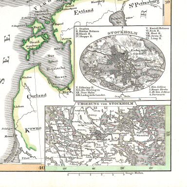 Stielers Hand-Atlas, 1847
17. Stockholm und Umgebung (Nebenkarten)
Stockholm en omgeving (bijkaarten)
Stockholm and environs (inset maps)