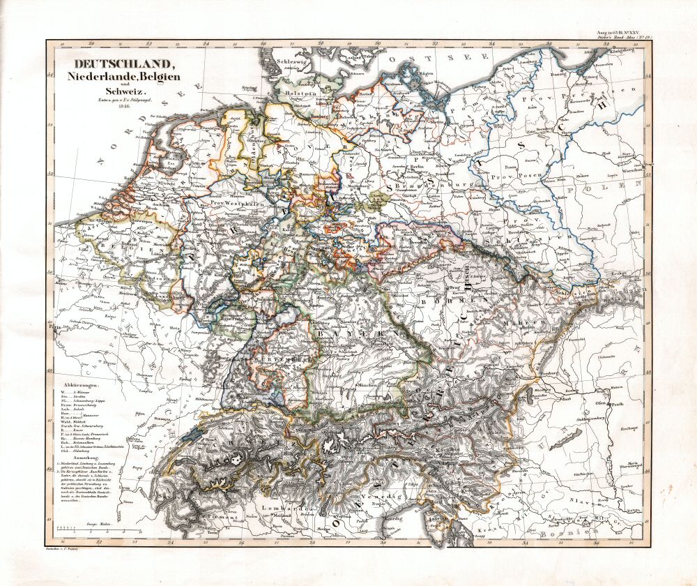 Stielers Hand-Atlas, 1847
19. Deutschland, Niederlande, Belgien und Schweiz (1846)
Duitsland, Nederland, België en Zwitserland
Germany, Netherlands, Belgium and Switzerland (scan)