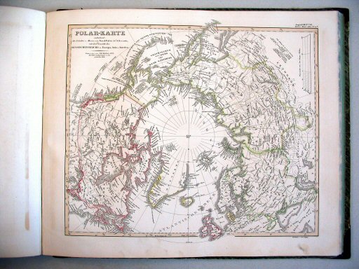 Stielers Hand-Atlas, 1847
41b. Polar-Karte enthaltend: die Länder u. Meere vom Nord Pol bis 50° N.Br. u. weiter, mit der Übersicht des Russischen Reichs in Europa, Asia u. America (1846)
Kaart van de landen en zeeën van de Noordpool tot 50° NB en verder. Overzicht van het Russische Rijk in Europa, Azië en Amerika
Map of the countries and seas from the North Pole towards 50° N and beyond. General map of the Russian Empire in Europe, Asia and America