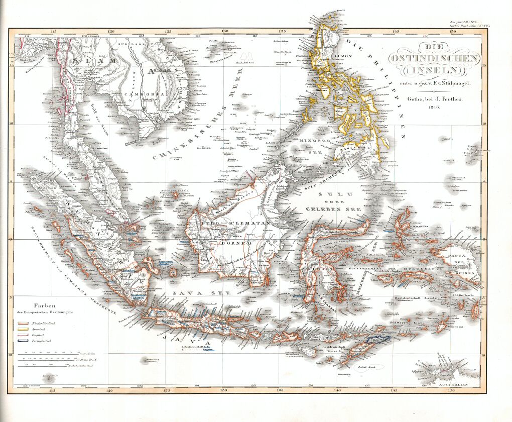 Stielers Hand-Atlas, 1847
44c. Die Ostindischen Inseln (1846)
Oostindische eilanden / East Indian Archipelago (scan)