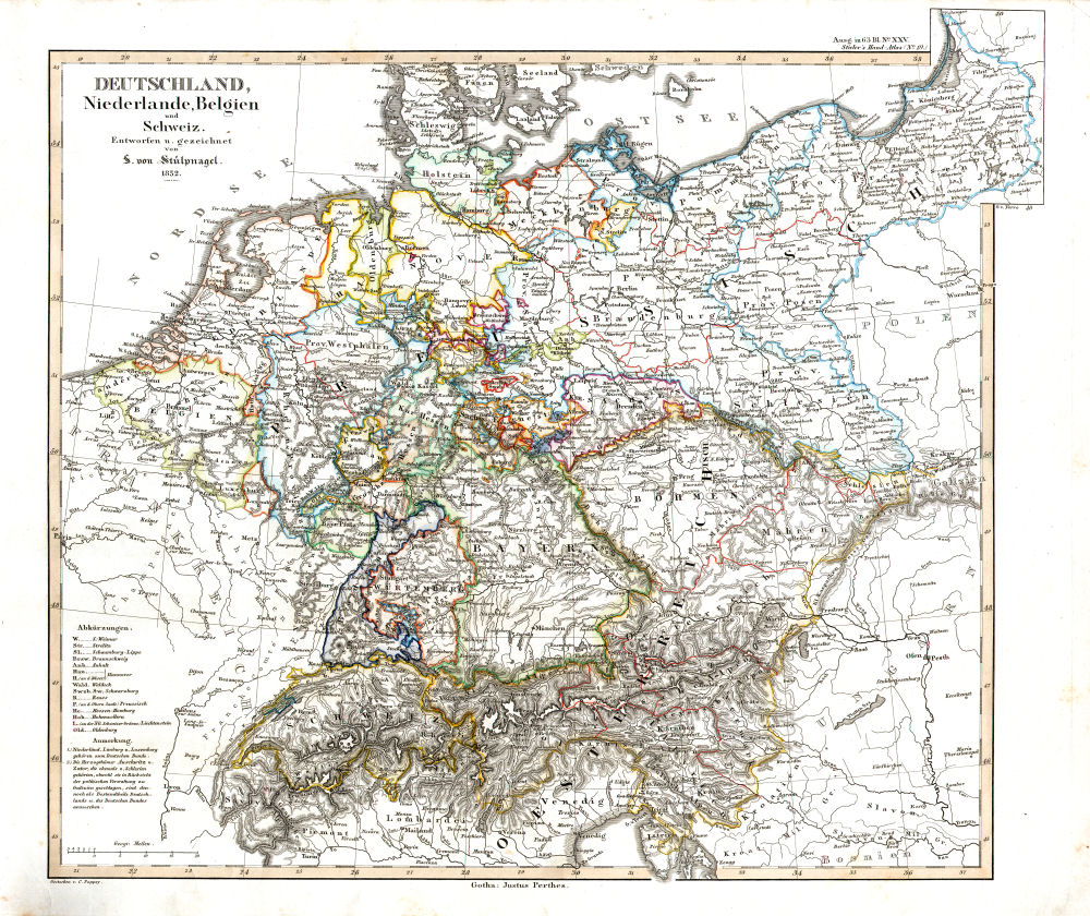 Stielers Hand-Atlas, 1853
19. Deutschland, Niederlande, Belgien und Schweiz (1852)