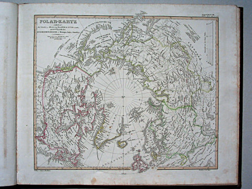 Stielers Hand-Atlas, 1853
41b. Polar-Karte enthaltend: die Länder u. Meere vom Nord Pol bis 50° N.Br. u. weiter, mit der Übersicht des Russischen Reichs in Europa, Asia u. America (1850)