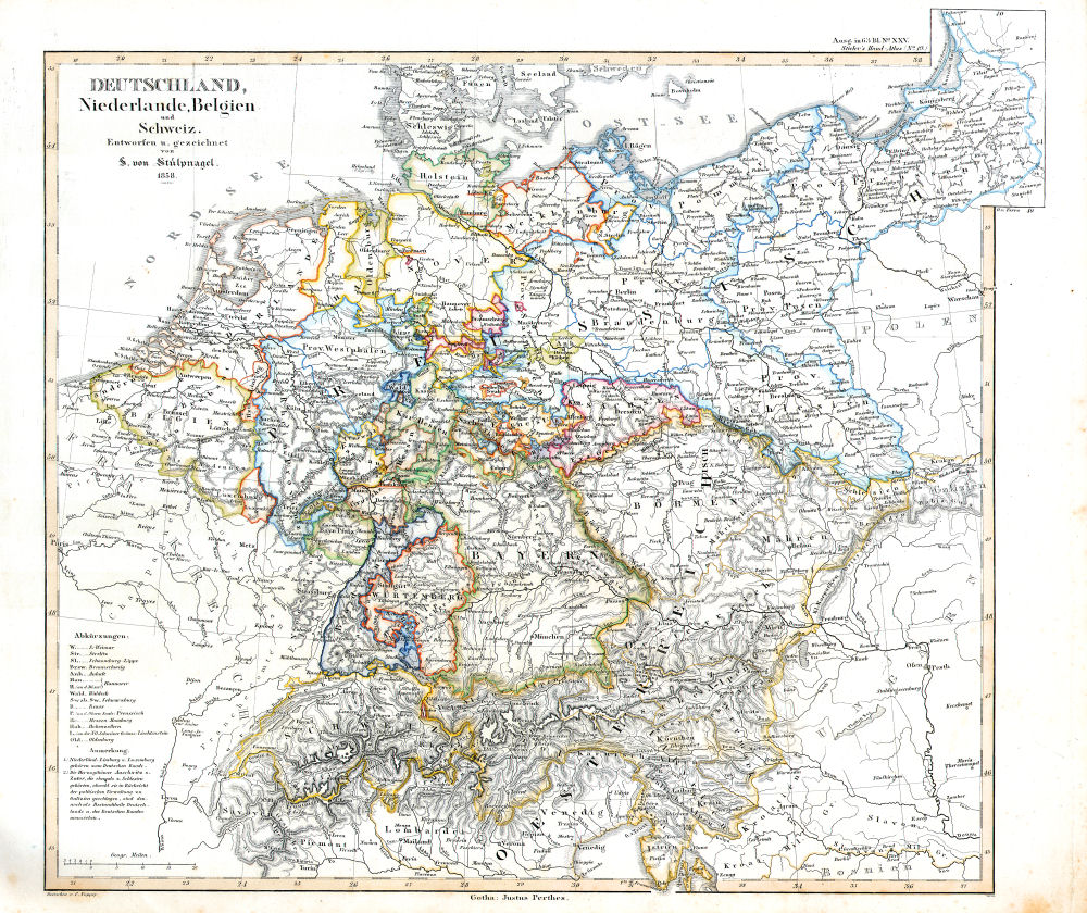 Stielers Hand-Atlas, 1859
19. Deutschland, Niederlande, Belgien und Schweiz (1852)