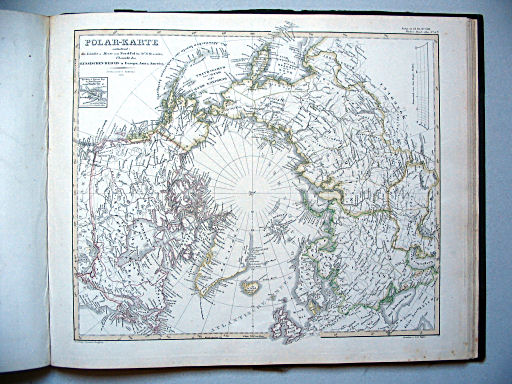 Stielers Hand-Atlas, 1859
41b. Polar-Karte enthaltend: die Länder u. Meere vom Nord Pol bis 50° N.Br. u. weiter, mit der Übersicht des Russischen Reichs in Europa, Asia u. America (1858)