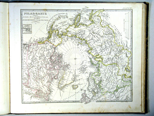 Stielers Hand-Atlas, 1864
41b. Polar-Karte enthaltend: die Länder u. Meere vom Nord Pol bis 50° N.Br. u. weiter, mit der Übersicht des Russischen Reichs in Europa, Asia u. America