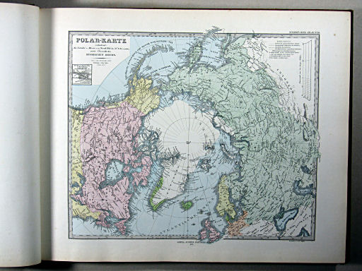 Stielers Hand-Atlas, 1875
10. Polar-Karte enthaltend: die Länder u. Meere vom Nord Pol bis 50° N.Br. u. weiter; sowie Übersicht des Russischen Reichs