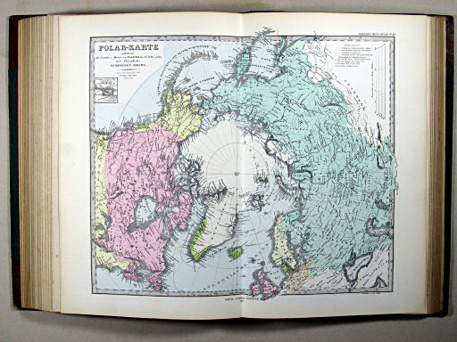 Stielers Hand-Atlas, 1875 ('oude' versie / 'old' version)
41b. Polar-Karte enthaltend: die Länder u. Meere vom Nord Pol bis 50° N.Br. u. weiter; sowie Übersicht des Russischen Reichs