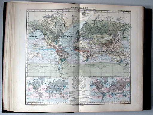 Stielers Hand-Atlas, 1885
6. Weltkarte zur Übersicht der Luft-Strömungen und Niederschläge