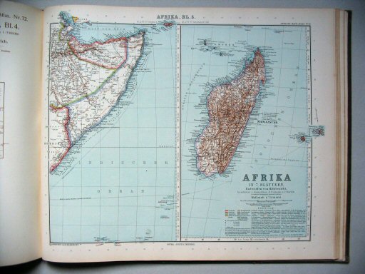 Stielers Hand-Atlas, 9. Aufl. (1910)
73. Afrika, Blatt 5: a. Somali, b. Madagaskar
Afrika, blad 5 (a. Somalië, b. Madagaskar) / Africa, sheet 5 (a. Somaliland, b. Madagascar)