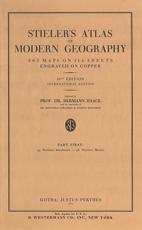Stieler's Atlas of Modern Geography 
Part first (1934)
1e aflevering, voorkant omslag (titel)
1st installment, front cover (title)