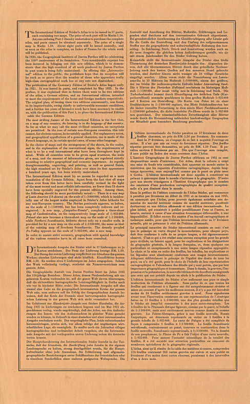 Stieler's Atlas of Modern Geography 
Part first (1934)
1e aflevering, binnenkant omslag (voorwoord)
1st installment, inside cover (preface)