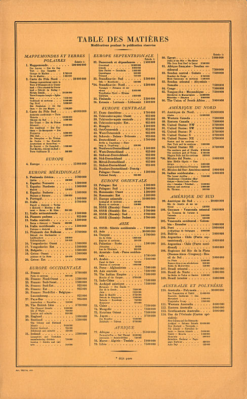 Stieler grand atlas de géographie moderne
1e livraison (1934)
1e aflevering, achterkant omslag (inhoudsopgave)
1st installment, rear cover (table of contents)