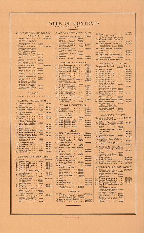 Stieler's Atlas of Modern Geography 
Part first (1934)
1e aflevering, achterkant omslag (inhoudsopgave)
1st installment, rear cover (table of contents)