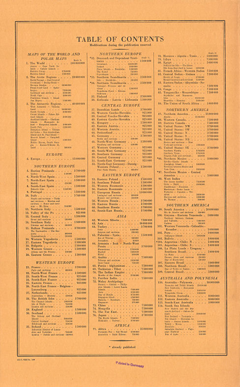 Stieler's Atlas of Modern Geography 
Part third (1934)
3e aflevering, achterkant omslag (inhoudsopgave)
3rd installment, rear cover (table of contents)