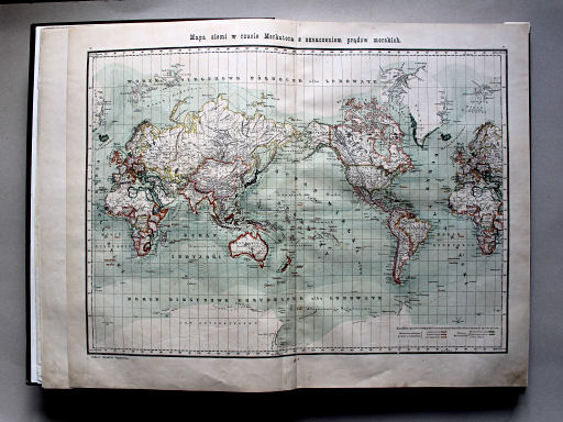 Wielki atlas geograficzny, Nalkowski, 1904
3. Mapa ziemi w rzucie Merkatora z oznaczeniem prądów morskich