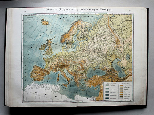Wielki atlas geograficzny, Nalkowski, 1904
24. Fizyczna (hypsometryczna) mapa Europy