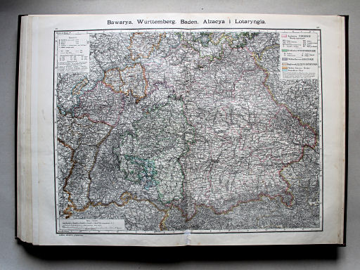 Wielki atlas geograficzny, Nalkowski, 1904
44. Bawarya, Württemberg, Baden, Alzacya i Lotaryngia