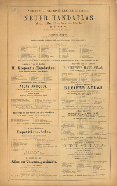 Auswahl aus Kiepert's Hand-Atlas, 1873
Binnenkant band (fondslijst, blad 1) / Inside cover (publisher's list, p. 1)