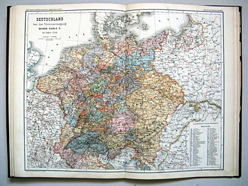 Carl Wolff's Historischer Atlas (1877)
10b. Deutschland bei der Thronentsagung Kaiser Karls V. im Jahre 1556 (Territorial-Karte)