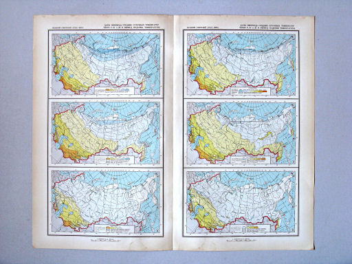 Большой Советский Атлас Мира I
110. Даты перехода средних суточных температур через 5°, 10° и 20° в период подъёма температуры
111. Даты перехода средних суточных температур через 5°, 10° и 20° в период падения температуры