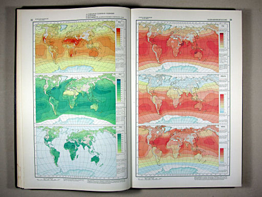 Физико-географический атлас мира (1964)
22. А. Суммарная солнечная радиация
22. Б. Испарение
22. В. Испаряемость (возможное испарение с поверхности суши)
23. Радиационный баланс