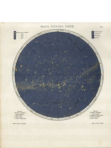 Ottův malý zeměpisný atlas, 1910
2. Mapa jižního nebe
Kaart van de zuidelijke sterrenhemel
Chart of the southern skies