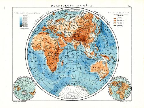 Ottův malý zeměpisný atlas, 1910
3. Planigloby země II. Východní polokoule
Oostelijk halfrond / Eastern hemisphere