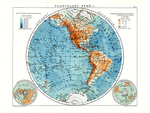 Ottův malý zeměpisný atlas, 1910
4. Planigloby země I. Západní polokoule
Westelijk halfrond / Western hemisphere