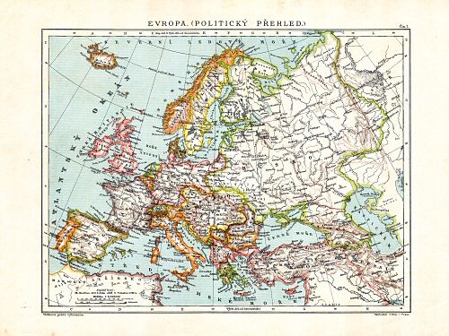 Ottův malý zeměpisný atlas, 1910
7. Evropa (Politický přehled)
Europa (staatkundig overzicht) / Europe (political map)