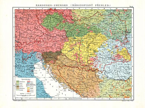 Ottův malý zeměpisný atlas, 1910
10. Rakousko-Uhersko (Národopisný přehled)
Oostenrijk-Hongarije (volkenkundig overzicht)
Austria-Hungary (ethnographic map)