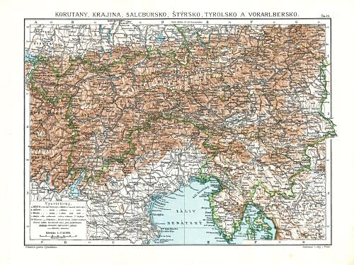 Ottův malý zeměpisný atlas, 1910
16. Korutany, Krajina, Salcbursko, Štýrsko, Tyrolsko a Vorarlbersko
Karinthië, Krain, Salzburg, Stiermarken, Tirol en Vorarlberg
Carinthia, Carniola, Salzburg, Styria, Tyrol and Vorarlberg